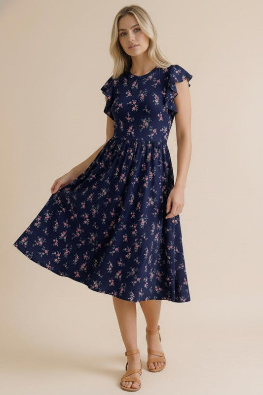 Ruffle Sleeve Ditsy Floral Midi Dress