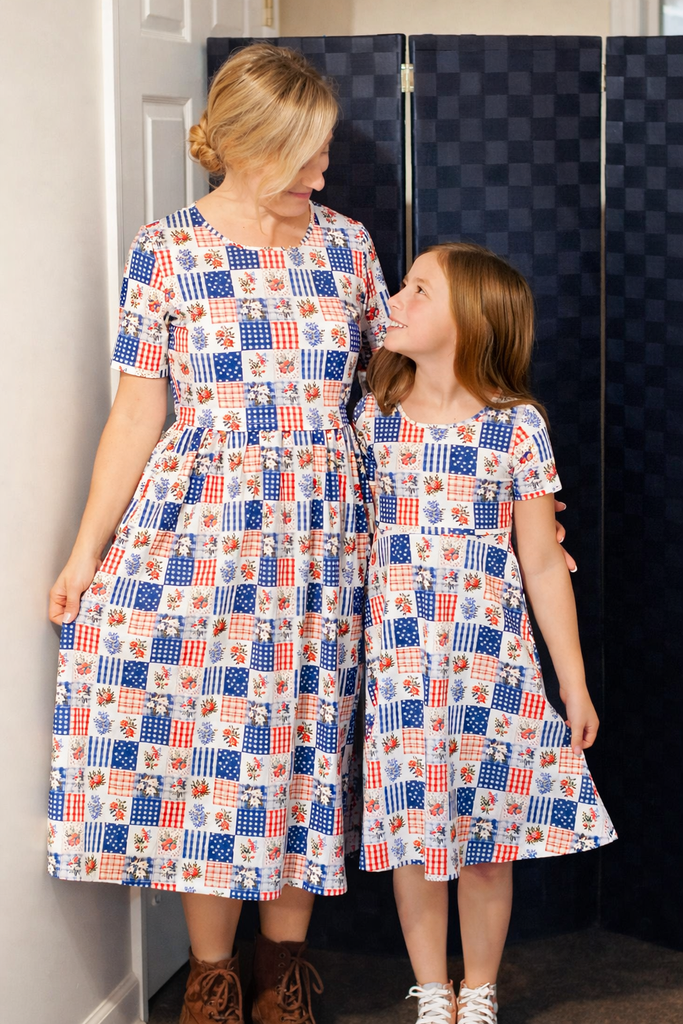 Patriotic Patchwork Prairie Style Nursing-Friendly Cotton Midi Dress with Natural Waist Bodice