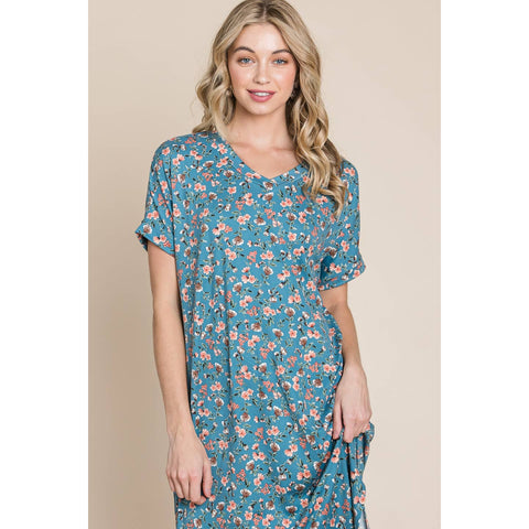 Blue Floral Midi Length Dress