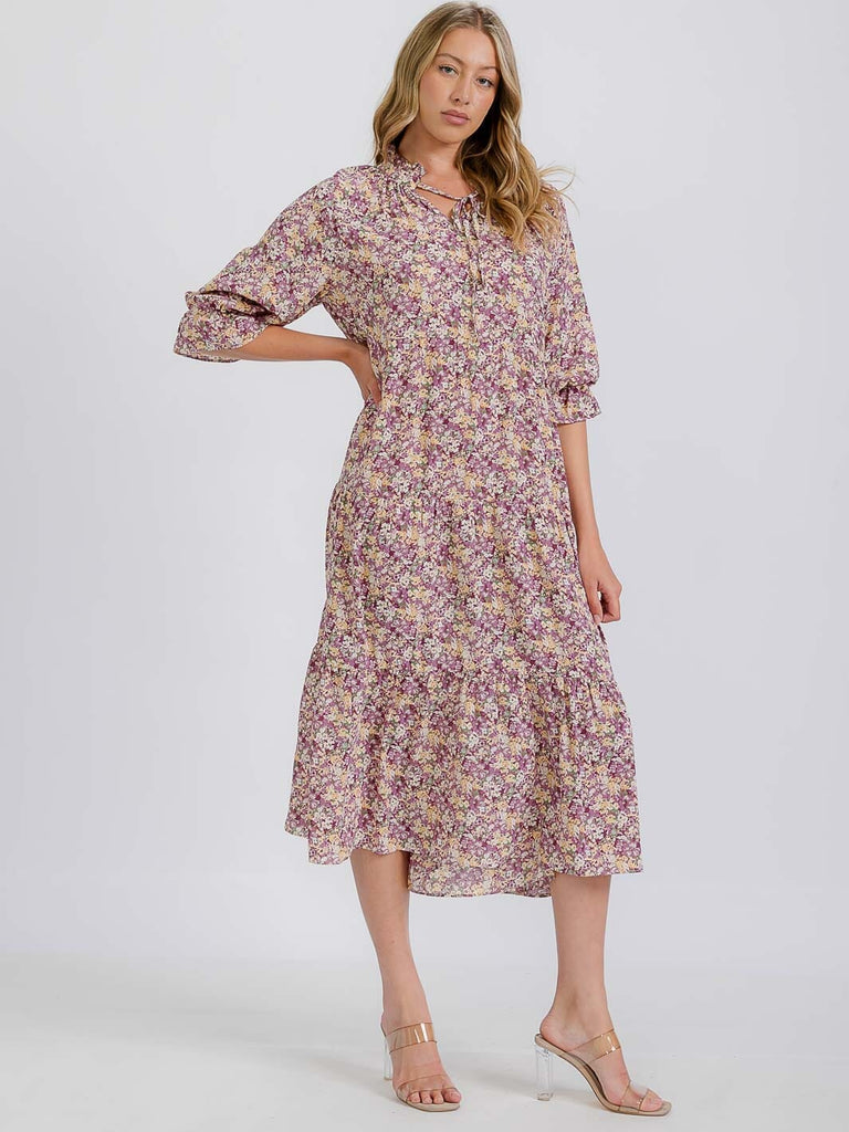3/4 Sleeves Floral Midi Dress