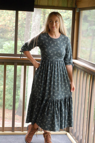 Pre-Order Olive Branch Nursing Friendly Cotton Tiered Midi Dress in Dark Green