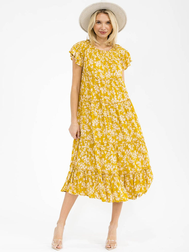 Yellow Floral Smocked Neck Dress