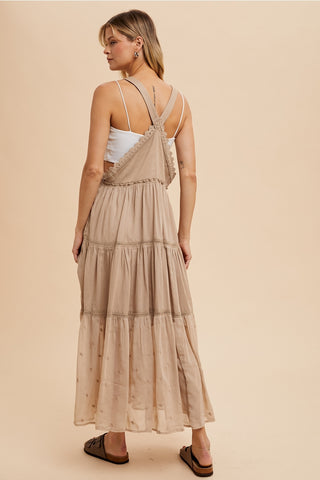 Lace Trimmed Overall Dress in Khaki