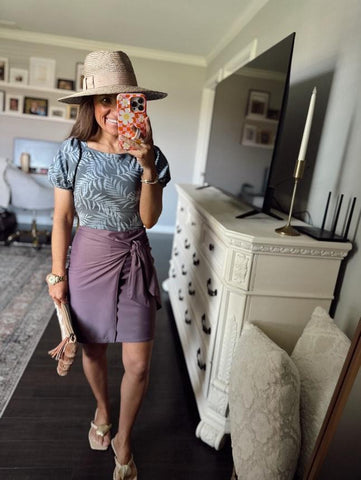Plum Purple Faux Wrap Style Swim Skirt with Built-in Shorts