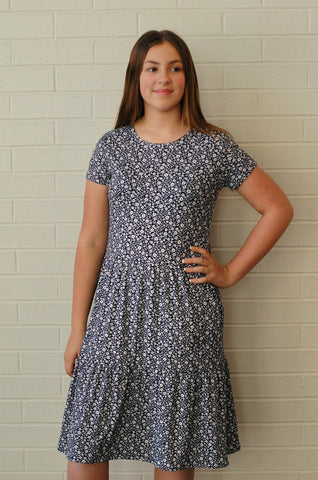 Navy Blooms Tiered Dress