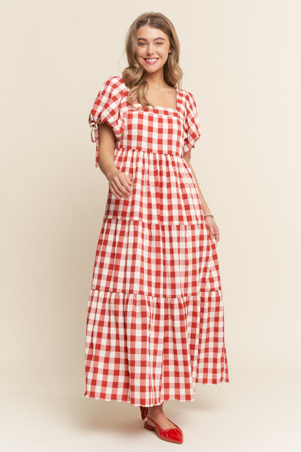 Red Gingham Puff Sleeve Dress