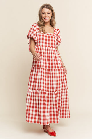 Red Gingham Puff Sleeve Dress