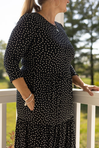 Ladies Black Polka Dot Tiered Comfy Dress