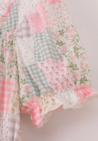 Spring Inspired Patchwork Dress with Puff Sleeves