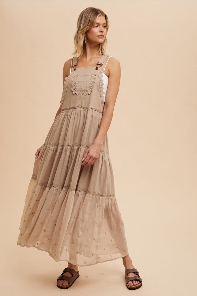 Lace Trimmed Overall Dress in Khaki