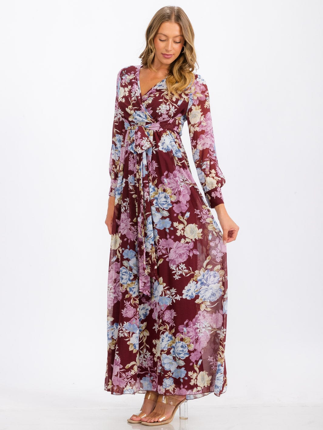 Burgundy Floral Maxi Dress with Sash