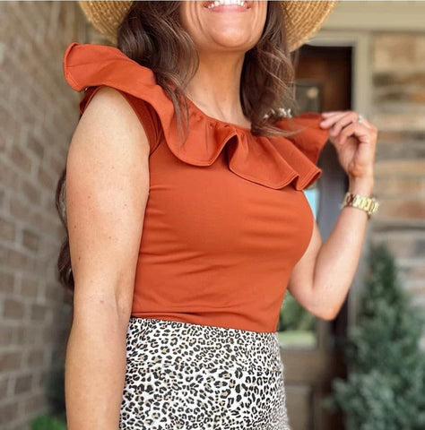 Rust Ruffle Neck Swim Top (Top only No Built in Bra)