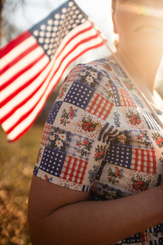 Patriotic Patchwork Prairie Style Nursing-Friendly Cotton Midi Dress with Natural Waist Bodice