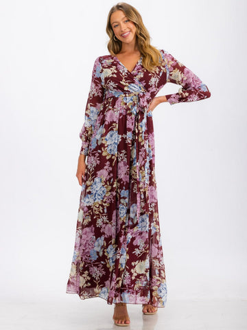 Burgundy Floral Maxi Dress with Sash