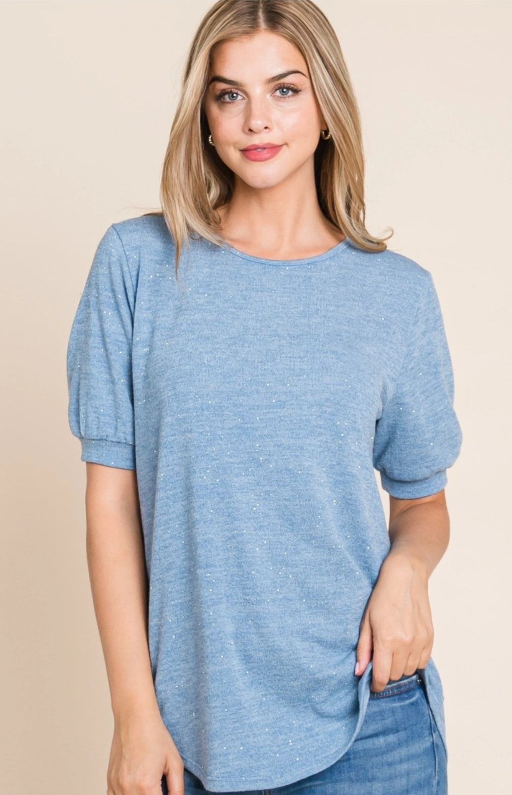 Blue Puff Sleeve Sparkle Sweater Top