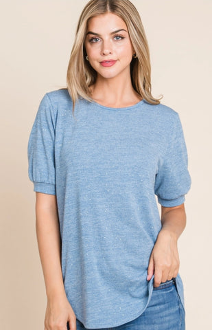 Blue Puff Sleeve Sparkle Sweater Top
