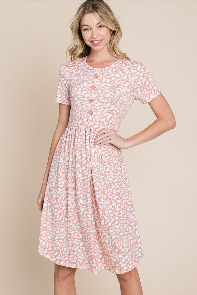 Rose Floral Dress with Button Accents