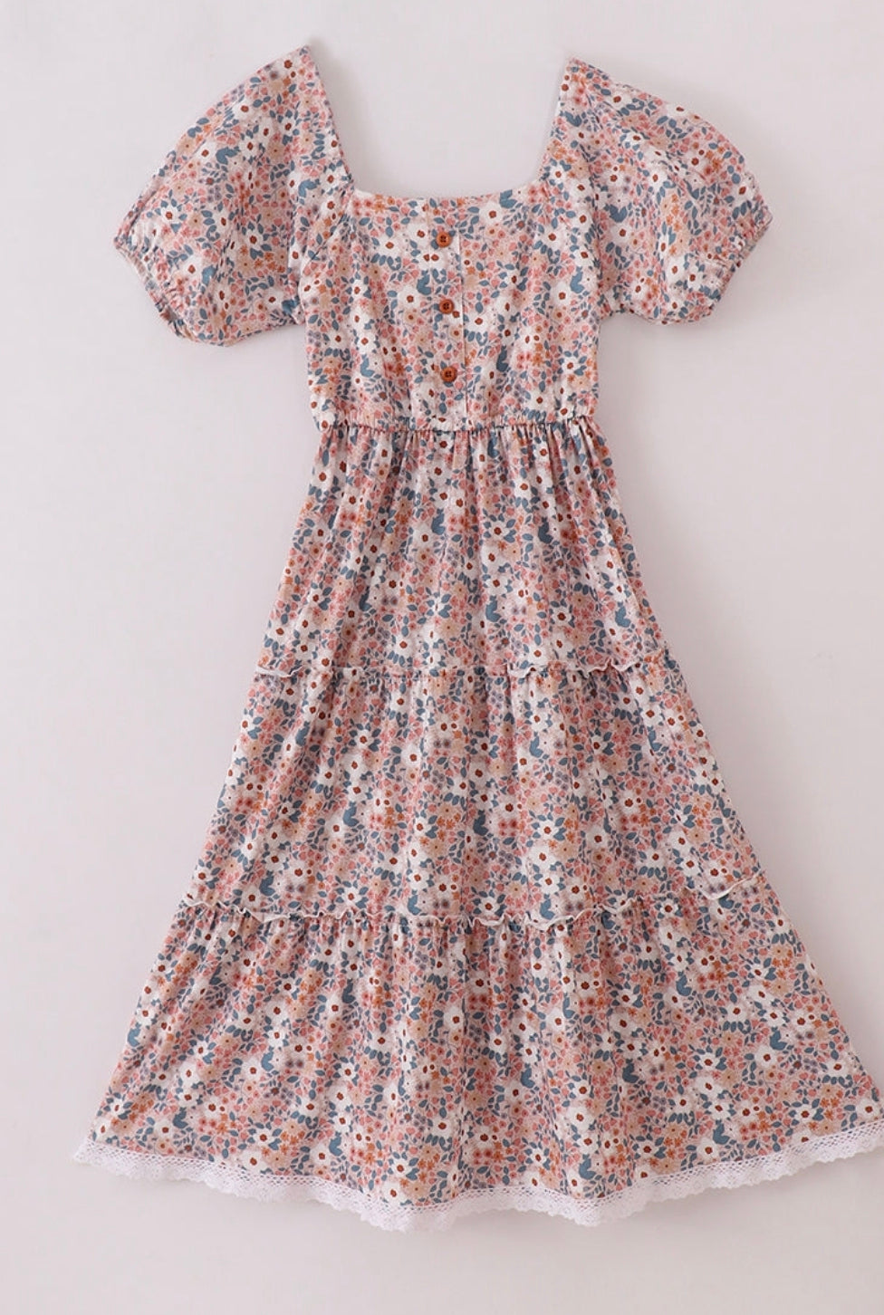 Floral Button Accent Dress with Puff Sleeves