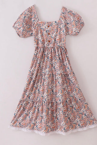 Floral Button Accent Dress with Puff Sleeves