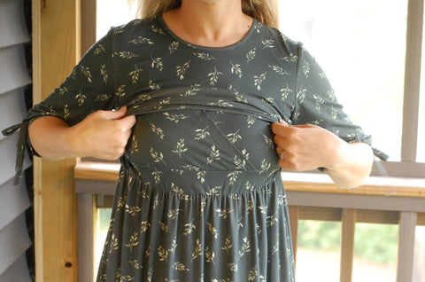 Pre-Order Olive Branch Nursing Friendly Cotton Tiered Midi Dress in Dark Green