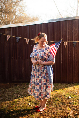 Patriotic Patchwork Prairie Style Nursing-Friendly Cotton Midi Dress with Natural Waist Bodice
