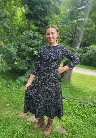 Girls Black Polka Dot Tiered Comfy Dress