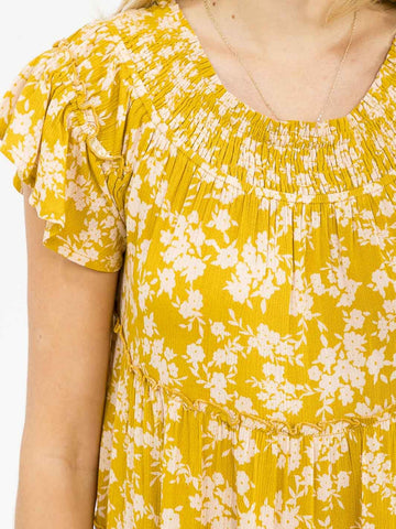 Yellow Floral Smocked Neck Dress