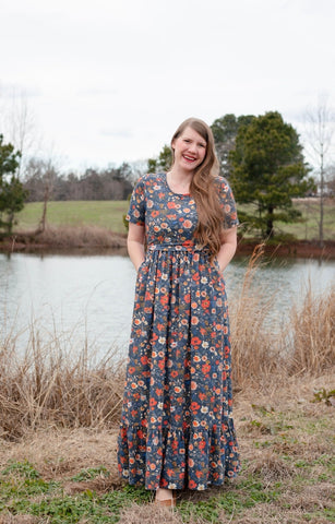 Antique Floral Prarie Style Maxi Dress with Natural Waist Bodice Non-Nursing
