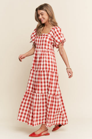 Red Gingham Puff Sleeve Dress