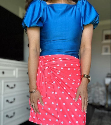 Coral Polka Dot Faux Wrap Style Swim Skirt with Built-in Shorts