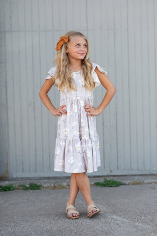 Pre-Order Girls Emma Taupe Spring Flutter Sleeve Dress