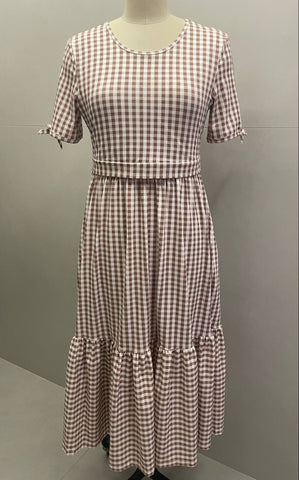 Brown Gingham Cotton Tiered Midi Dress