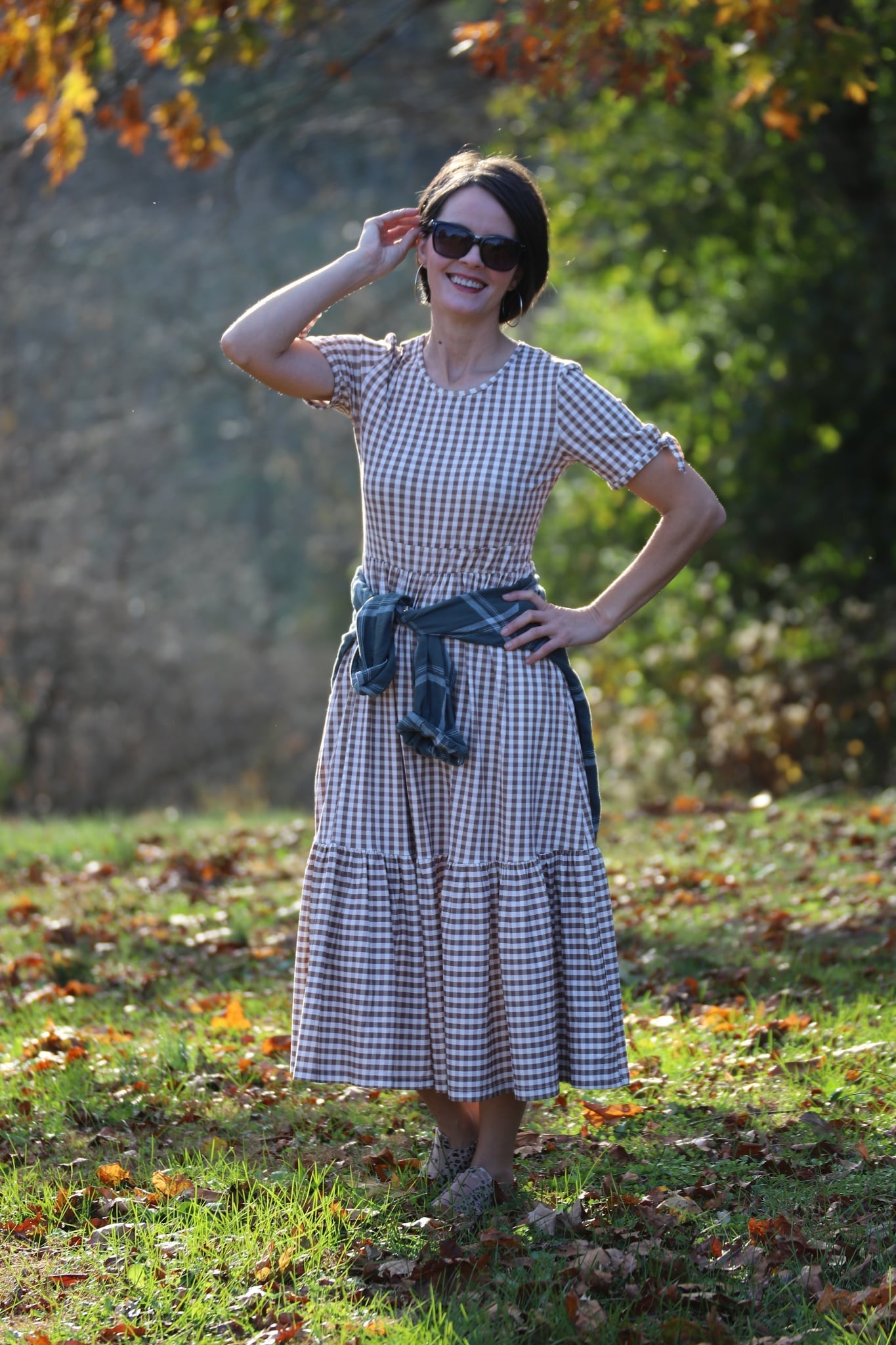 Brown Gingham Cotton Tiered Midi Dress