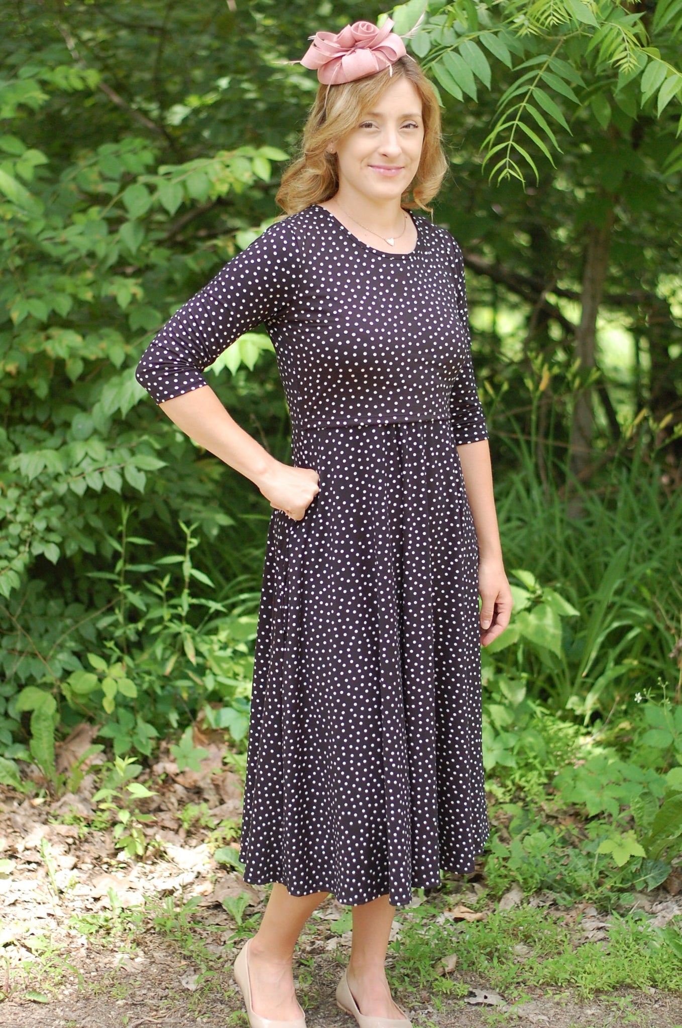 Size Small Black Polka Dot Round Neck Nursing Friendly Twirl Dress