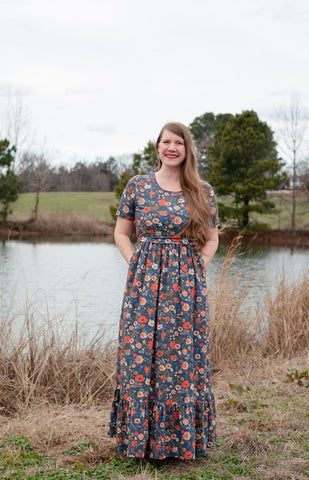 Antique Floral Prarie Style Maxi Dress with Natural Waist Bodice Non-Nursing
