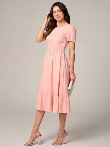 Blush Pink Lace Accent Midi Dress