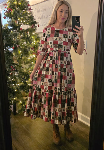 Pre-Order Holiday Patchwork Cotton Tiered Midi Dress
