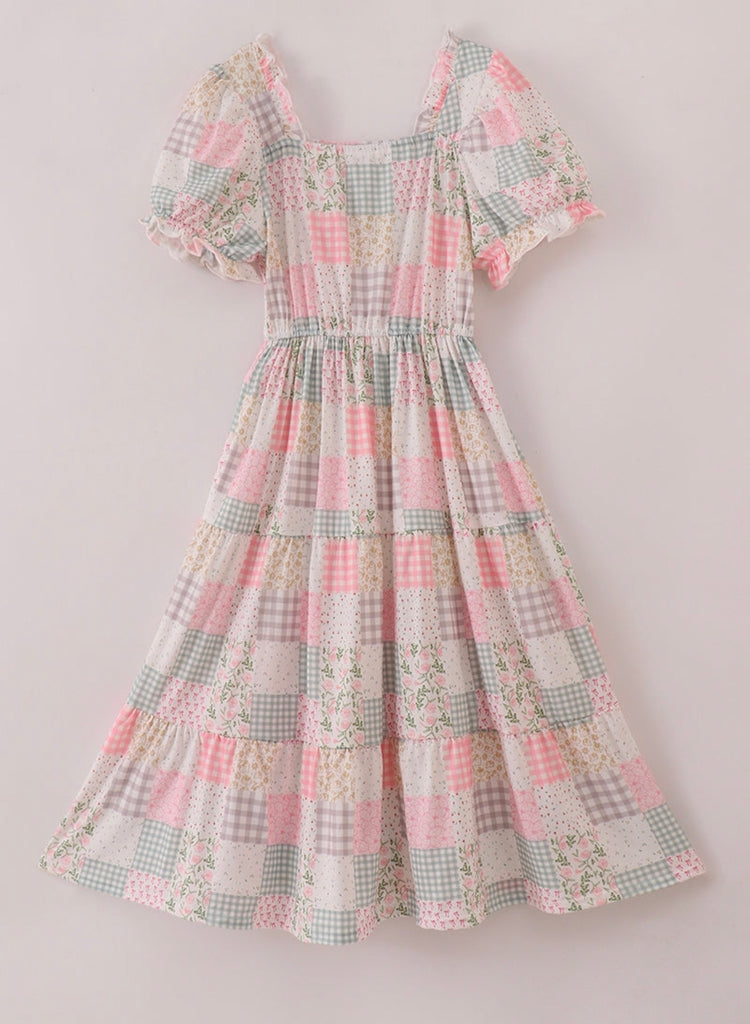 Spring Inspired Patchwork Dress with Puff Sleeves