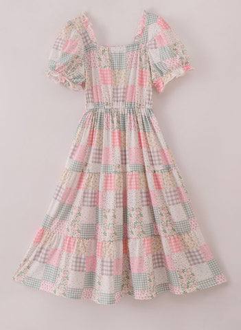 Spring Inspired Patchwork Dress with Puff Sleeves