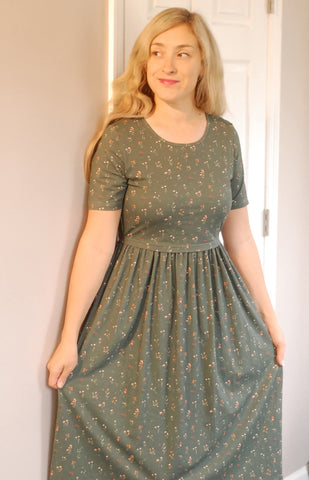 Pre-Order Forest Blooms Cotton Midi Dress Natural Waist Bodice