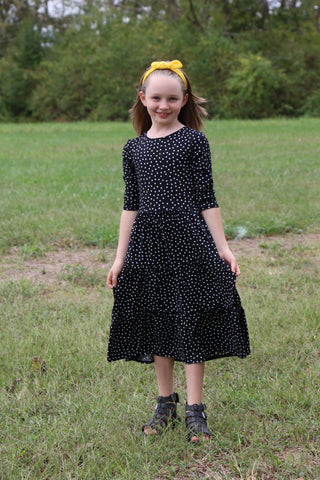 Girls Black Polka Dot Tiered Comfy Dress