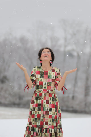 Holiday Patchwork Cotton Tiered Midi Dress