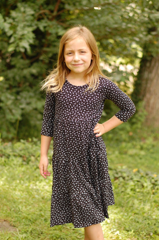 Girls Dainty Blooms Cotton Black & White Floral Tiered Comfy Dress