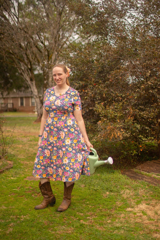 Jeweled Blooms Cotton V-Neck Twirl Dress