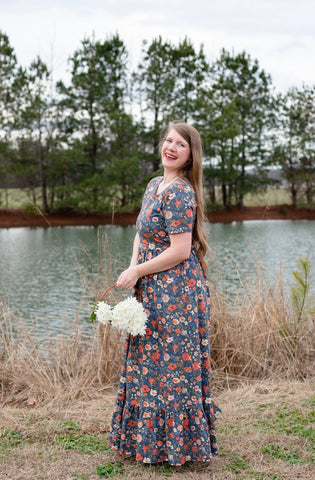 Antique Floral Prarie Style Maxi Dress with Natural Waist Bodice Non-Nursing