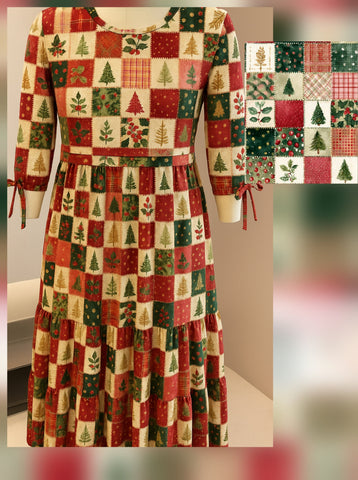 Pre-Order Holiday Patchwork Cotton Tiered Midi Dress
