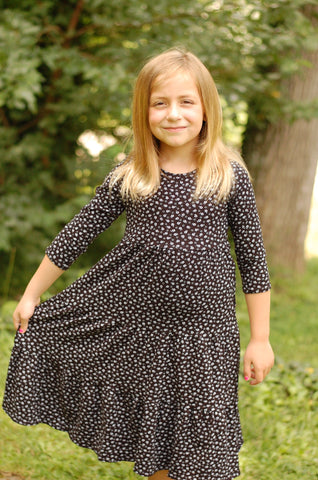 Girls Dainty Blooms Cotton Black & White Floral Tiered Comfy Dress