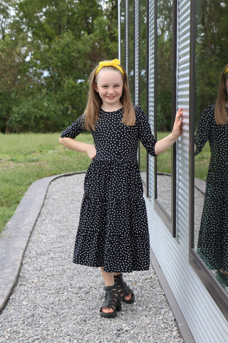 Girls Black Polka Dot Tiered Comfy Dress