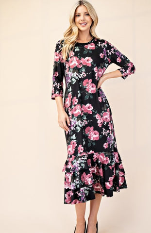 Black Floral Ruffled Dress