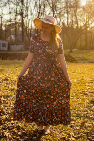 Antique Floral Prarie Style Maxi Dress with Natural Waist Bodice Non-Nursing